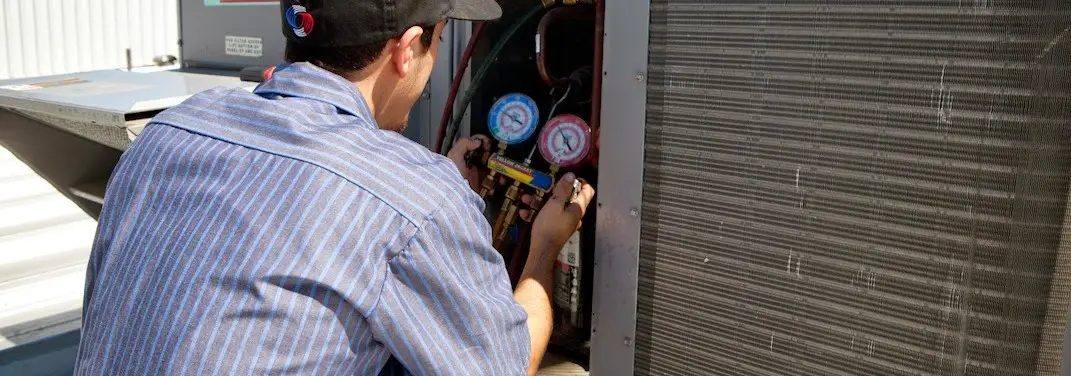 HVAC technician servicing a condenser unit in Azalea Park